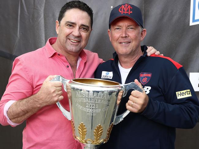 PERTH. 26/09/2021. The day after the AFL Grand Final.  Melbourne players are presented to the fans in Forrest Chase, Perth.   Melbourne legend Garry Lyon and CEO Gary Pert   . Photo by Michael Klein