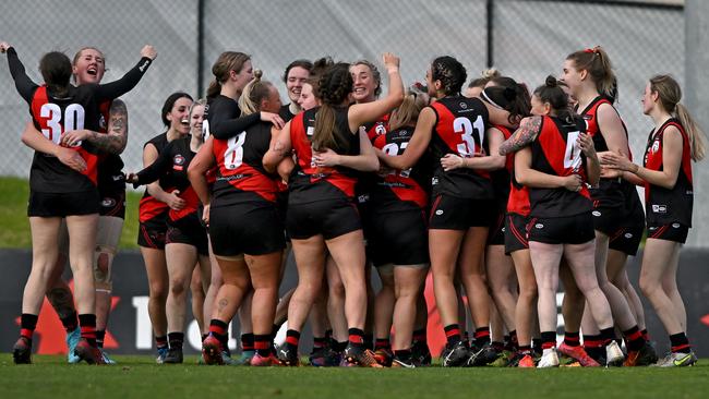 Eltham players celebrate after the siren. Picture: Andy Brownbill