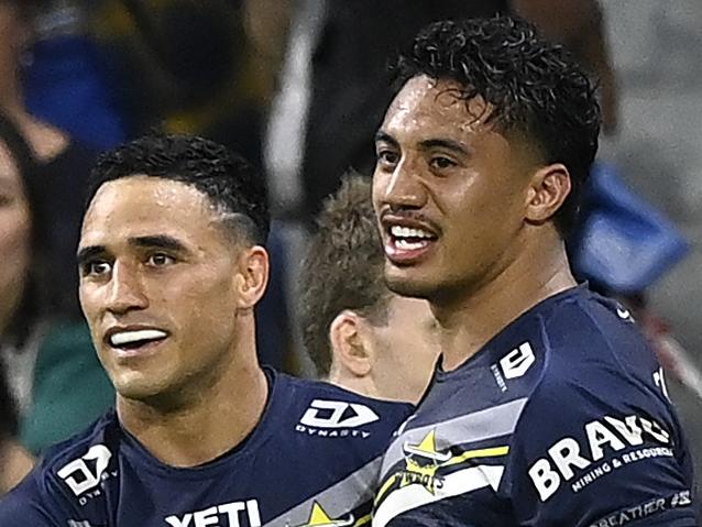 TOWNSVILLE, AUSTRALIA - SEPTEMBER 14:  Valentine Holmes of the Cowboys celebrates with try-scorer Murray Taulagi of the Cowboys during the NRL Qualifying Final match between North Queensland Cowboys and Newcastle Knights at Queensland Country Bank Stadium on September 14, 2024 in Townsville, Australia. (Photo by Ian Hitchcock/Getty Images)