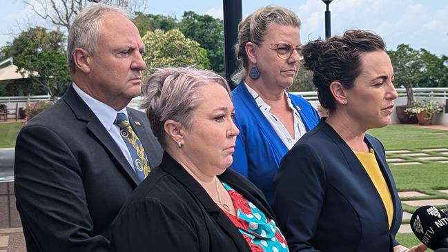 CLP ministers Steve Edgington and Marie-Clare Boothby, alongside Samara Laverty and Chief Minister Lia Finocchiaro, discussing the progress of Declan's Law, October 16, 2024. Picture: Alex Treacy