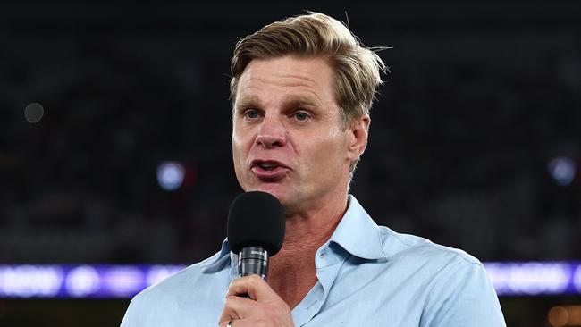 MELBOURNE, AUSTRALIA - MARCH 29: Nick Riewoldt speaks as a part of Maddie's Match ahead of the round three AFL match between St Kilda Saints and Richmond Tigers at Marvel Stadium, on March 29, 2025, in Melbourne, Australia. (Photo by Morgan Hancock/AFL Photos/via Getty Images)