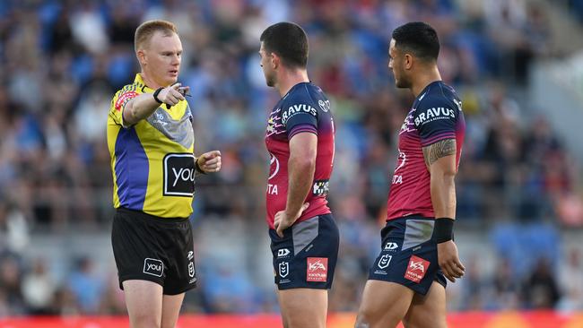 Valentine Holmes (R) is sent to the bin in the match against the Titans.