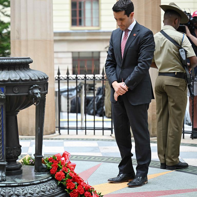 Premier David Crisafulli lays a wreath during The State Remembrance Day ceremony at Brisbane's Shrine of Remembrance. Pic: Lyndon Mechielsen.