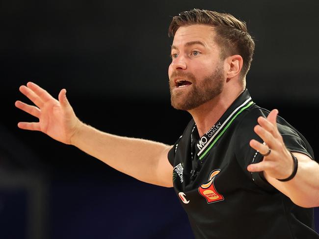 MELBOURNE, AUSTRALIA - MARCH 02: Josh King, Coach of the Phoenix reacts during game two of the NBL Semi Final Series between South East Melbourne Phoenix and Illawarra Hawks at John Cain Arena, on March 02, 2025, in Melbourne, Australia. (Photo by Kelly Defina/Getty Images)