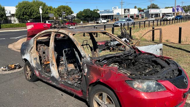 A burnt car which was spotted on the side of Mitchell Highway in Dubbo.