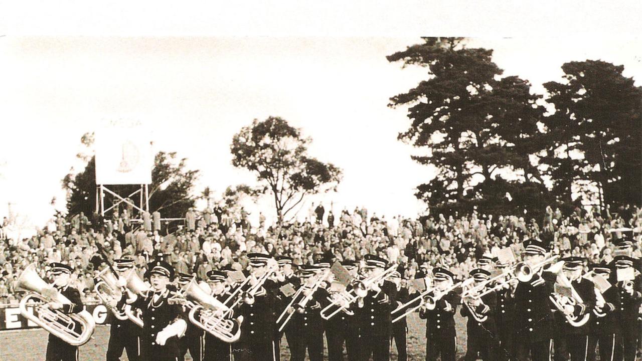 Historic image of a brass band playing at Geelong's Kardinia Park. Photo courtesy of the Bob Gartland collection