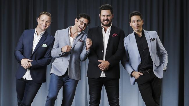 The stars of Swing on This (from left): Luke Kennedy, Rob Mills and Ben Mingay with Michael Falzon. Picture: Mark Cranitch