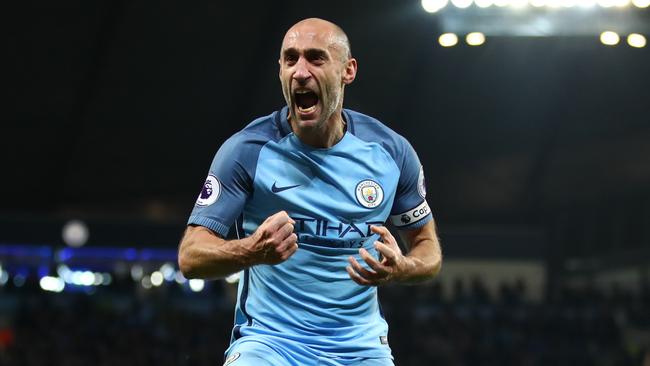 Pablo Zabaleta of Manchester City celebrates scoring.