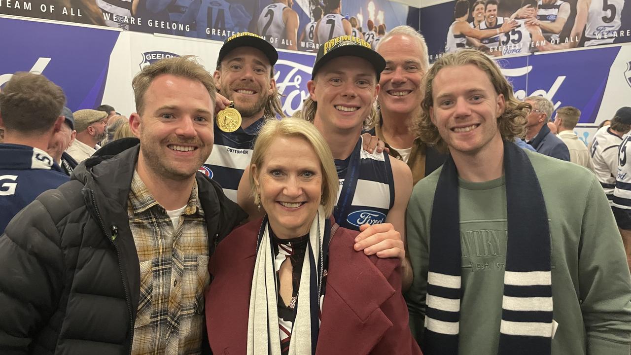 Ben, Cam, Suzanne, Zach, Andrew and Josh Guthrie in the Geelong rooms after the AFL Grand Final win over Sydney. Picture: Alex Oates