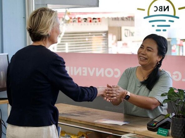 The Liberal federal election candidate for Warringah, Katherine Deves, posted this picture on her Facebook page on April 20, 2022, showing her talking to a business person in the electorate. Picture: Facebook