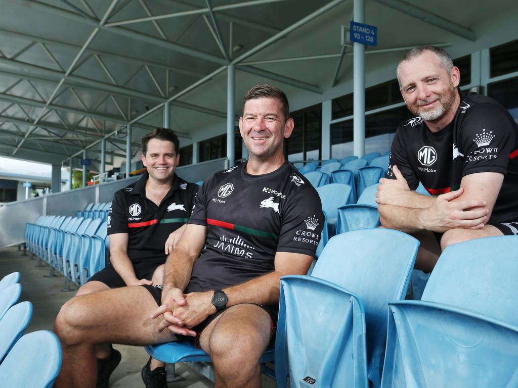 Departing South Sydney Rabbitohs chief operating officer Brock Schaefer (left), alongside sacked head coach Jason Demetriou (middle) and head of pathways and player development Joe O'Callaghan (right). Picture: Brendan Radke