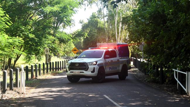 NT Police blocked access to the Casuarina Coastal Reserve beyond the Darwin Surf Life Saving Club after a person was found deceased in a smouldering vehicle on Saturday morning. Picture: Sierra Haigh