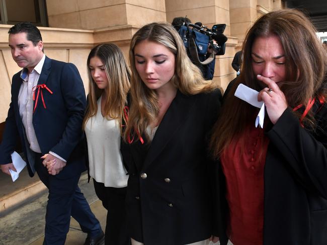 ADELAIDE, AUSTRALIA. NCA NewsWire pictured 18th August, 2022. Sophia Naismith family (l-r) father Luke Naismith, sisters Ursula and Saskia and mother Pia Vogrin, leave court after a not guilty verdict of causing death by dangerous driving to Sophia Naismith (at Glengowrie June 2019) was handed down today to Alexander Campbell at the District Court. Picture: Tricia Watkinson