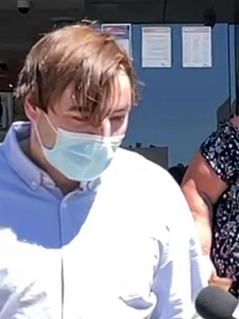 Covid-19 lockdown breach offender Kieran Daniel Price-Moss leaves Toowoomba Courthouse with his mother after being fined more than $4000 for breaching Covid-19 health directions, Wednesday, 6 October 2021.