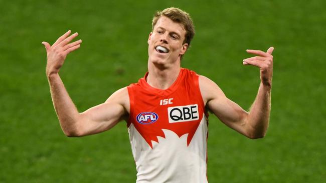 Swan Nick Blakey celebrates a goal against the Giants. Picture: Daniel Carson/AFL Photos via Getty Images