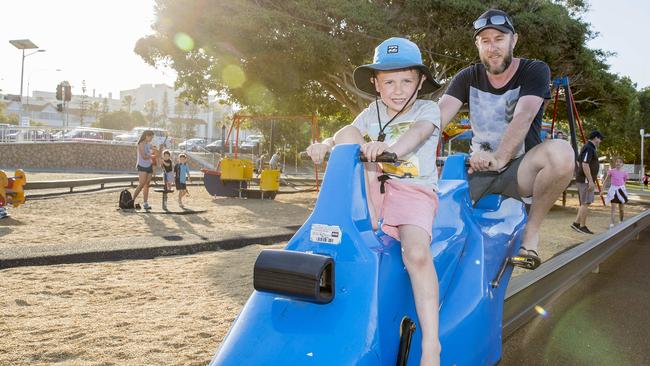 Simon Irving from Ballarat, Vic, with this son Noah Irving, 5, at the Southport Broadwater Parklands. Picture: Jerad Williams