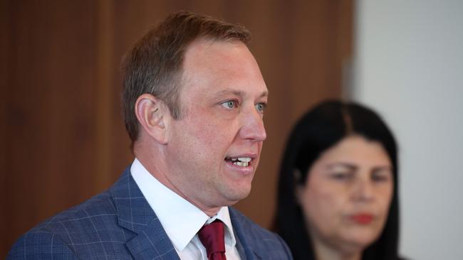 Queensland Premier Steven Miles and Minister Grace Grace during a media conference, Brisbane. Picture: Liam Kidston