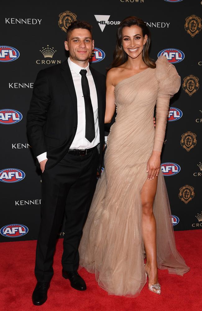 Dion Prestia and Laney McIntyre, who has opened up about the couple’s pre-Grand Final preparations. Picture: Getty Images