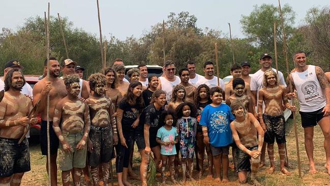 NRL players including Ryan James, Latrell Mitchell, James Roberts, Corey Thompson, Cody Walker, Braidon Burns and Joel Thompson at an indigenous camp organised by Dean Widders. Picture: Instagram