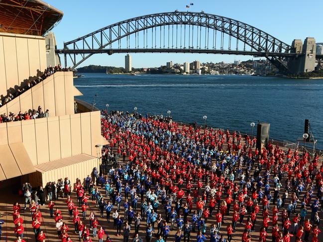 Over 2000 participants in Sydney danced a choreographed dance simultaneously with participants in London and Glasgow during the Big Dance 2014. Picture: Cameron Spencer/Getty Images