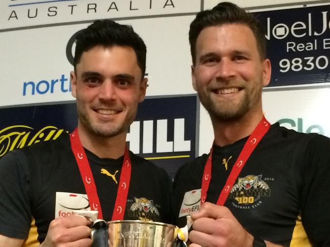 Balwyn champions John Milhuisen and Rod Crowe celebrate another Eastern Football League (EFL) premiership.