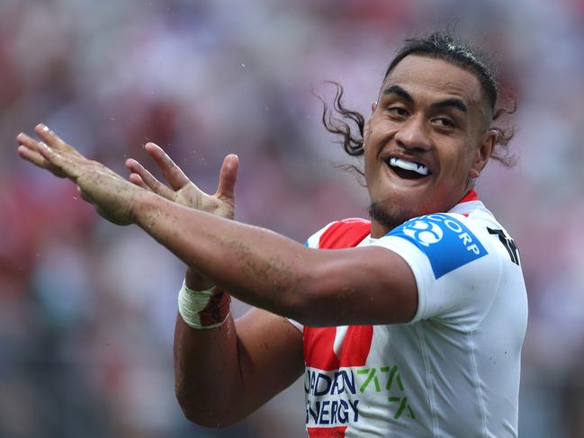 Christian Tuipulotu of the Dragons celebrates after scoring a try. Picture: Getty Images