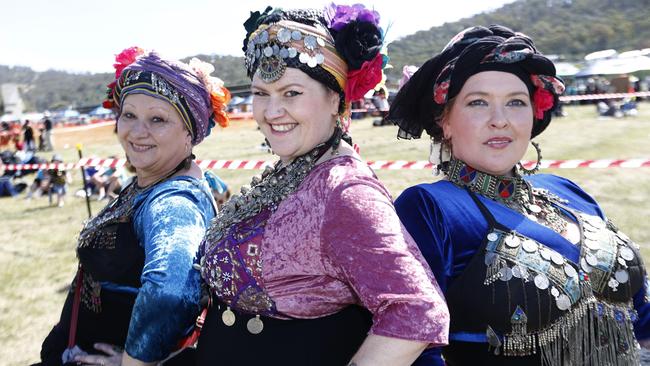 Women from the Irissa Tribal bellie dancers, from left, Carolyn Wallace, of New Town, Tamieka Castillo, of Oyster Cove, and Kristie Lee, of Moonah at the Medieval Festival at New Norfolk. Picture: KIM EISZELE