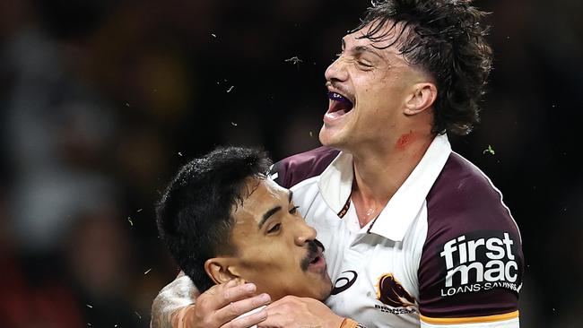 SYDNEY, AUSTRALIA - MAY 10:  DeineÃÂ Mariner of the Broncos celebrates with team mates after scoring a try during the round 10 NRL match between Parramatta Eels and Brisbane Broncos at CommBank Stadium on May 10, 2024, in Sydney, Australia. (Photo by Brendon Thorne/Getty Images)