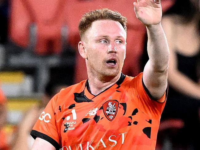 BRISBANE, AUSTRALIA - FEBRUARY 02: Corey Brown of the Roar waves to the crowd after scoring a goal during the A-League Men round 15 match between Brisbane Roar and Wellington Phoenix at Suncorp Stadium, on February 02, 2024, in Brisbane, Australia. (Photo by Bradley Kanaris/Getty Images)