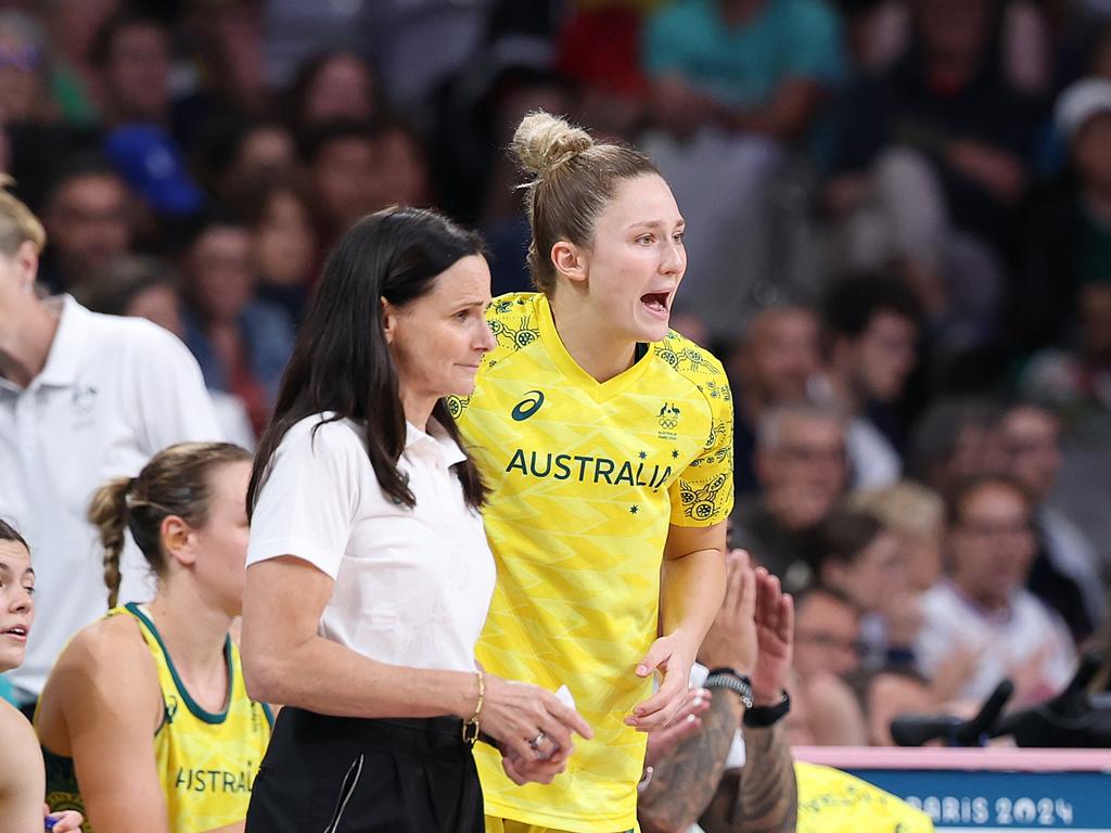 Team Australia head coach Sandy Brondello and Amy Atwell during the clash with Canada. . Picture: Gregory Shamus/Getty Images