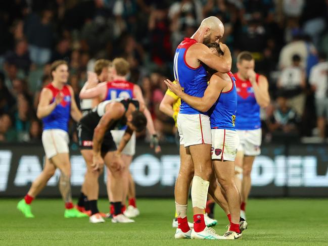 Max Gawn and Jack Viney after Saturday night’s win. Picture: Sarah Reed/AFL Photos