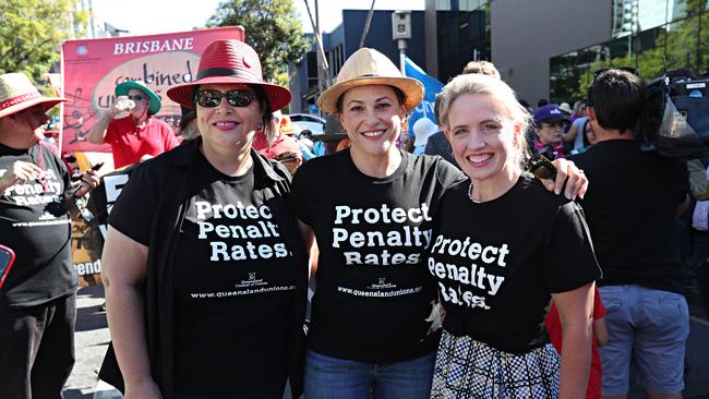 Grace Grace, left, Jackie Trad and Kate Jones at a Labour Day march in Brisbane in 2017. Picture: Annette Dew