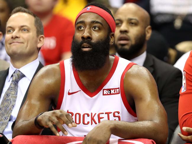 WASHINGTON, DC - NOVEMBER 26: James Harden #13 and Chris Paul #3 of the Houston Rockets (R) talk on the bench in the first half against the Washington Wizards at Capital One Arena on November 26, 2018 in Washington, DC. NOTE TO USER: User expressly acknowledges and agrees that, by downloading and or using this photograph, User is consenting to the terms and conditions of the Getty Images License Agreement.   Rob Carr/Getty Images/AFP == FOR NEWSPAPERS, INTERNET, TELCOS & TELEVISION USE ONLY ==