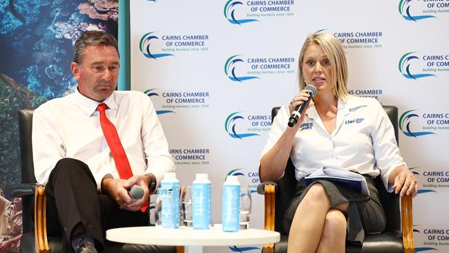 Member for Barron River Craig Crawford and LNP candidate Bree James were divided on most issues discussed at the debate. Picture: Brendan Radke