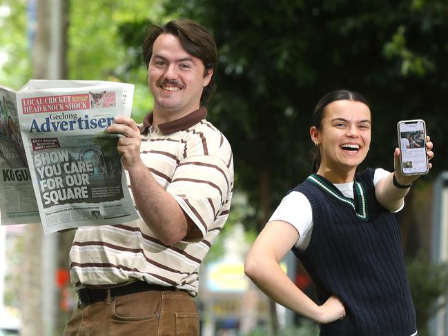 Geelong Advertiser reporters Will Keech and Chelsea Bunting celebrate strong circulation figures. Picture: Alison Wynd