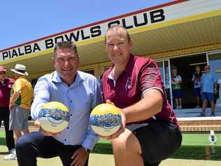 BOWLING ROYALTY: Former bowls gold medallist Kelvin Kerkow and Bowls QLD CEO Brett Wilkie at the Pialba Bowls Club for the training session with members. Picture: Blake Antrobus