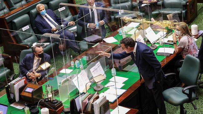 Premier Daniel Andrews clashes with Liberal leader Michael O'Brien in parliament. Picture: Ian Currie