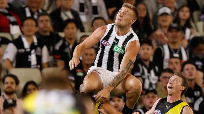 Jordan De Goey soared for the Magpies in the win over Richmond. Picture: AFL Photos