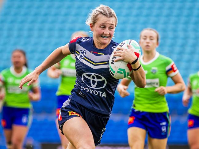 North Queensland Toyota Cowboys hooker Emma Manzelmann in action in Round 8 of the 2023 NRLW season. Picture: Cowboys Media