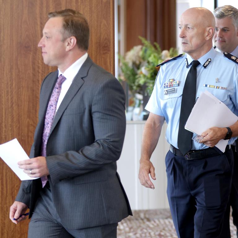 Veteran officer Steve Gollschewski is announced by Premier Steven Miles as Queensland’s new police commissioner on Monday. Picture: Steve Pohlner