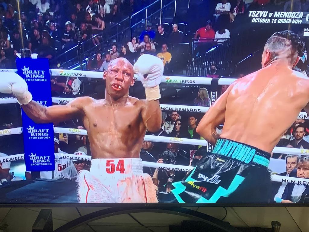 Yordenis Ugas is knocked down during his defeat to Mario Barrios. Photo: Fox Sports