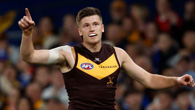 Mitch Lewis dominated in the air. Picture: Michael Wilson/AFL Photos via Getty Images