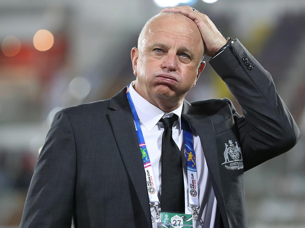 AL AIN, UNITED ARAB EMIRATES - JANUARY 15:  Graham Arnold the Head Coach of Australia shows his relief after his side's 3-2 victory during the AFC Asian Cup Group B match between Australia and Syria at Khalifa Bin Zayed Stadium on January 15, 2019 in Al Ain, United Arab Emirates. (Photo by Francois Nel/Getty Images)