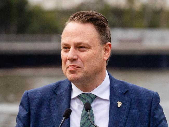 This photo taken on July 15, 2021 shows Brisbane Lord Mayor Adrian Schrinner speaking during an Olympics live announcement in Brisbane. - The sun-drenched Australian city appears all but certain to be anointed 2032 hosts on July 23, 2021 when the International Olympic Committee holds a vote in Tokyo ahead of the delayed 2020 Games. (Photo by Patrick HAMILTON / AFP) / TO GO WITH Oly-2032-Brisbane,FOCUS by Holly Robertson -- IMAGE RESTRICTED TO EDITORIAL USE - STRICTLY NO COMMERCIAL USE --