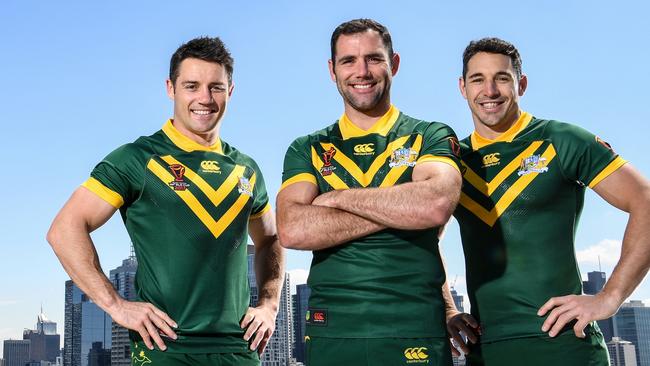 Cooper Cronk, Cameron Smith and Billy Slater in Melbourne on the eve of the World Cup opener. Credit NRL Photos