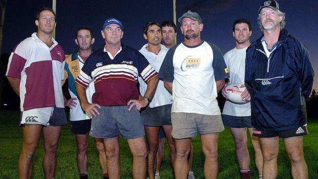 Noosa Dolphins legends Tony Harmer, Mick Phelan, Coach Stewart Beakey, Rohan Ramsden, Chris Gray, Mick Coghlin, Digger Munro and Brent Timms pictured in 2005. Picture: Geoff Potter.