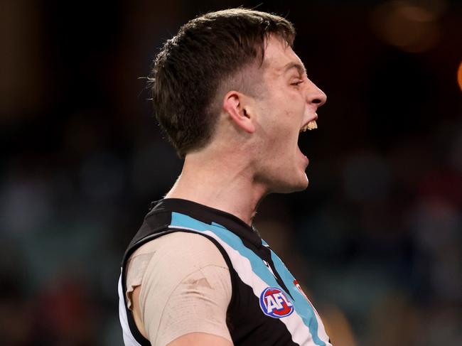 ADELAIDE, AUSTRALIA - AUGUST 07: Zak Butters of the Power celebrates a goal during the 2021 AFL Round 21 match between the Adelaide Crows and the Port Adelaide Power at Adelaide Oval on August 7, 2021 in Adelaide, Australia. (Photo by James Elsby/AFL Photos via Getty Images)