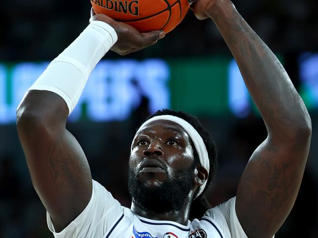 MELBOURNE, AUSTRALIA - FEBRUARY 02: Montrezl Harrell of the 36ers shoots a free throw during the round 19 NBL match between South East Melbourne Phoenix and Adelaide 36ers at John Cain Arena, on February 02, 2025, in Melbourne, Australia. (Photo by Josh Chadwick/Getty Images)