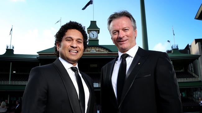 Old foes ... Sachin Tendulkar and Steve Waugh catch up at the SCG. Photo: Richard Dobson