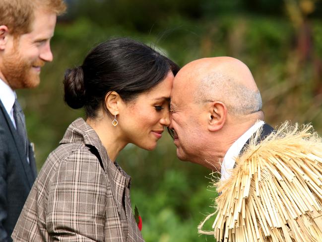 The Duke and Duchess of Sussex Prince Harry and Meghan attend a traditional welcome ceremony on the lawns of Government House in Wellington. Picture: Nathan Edwards